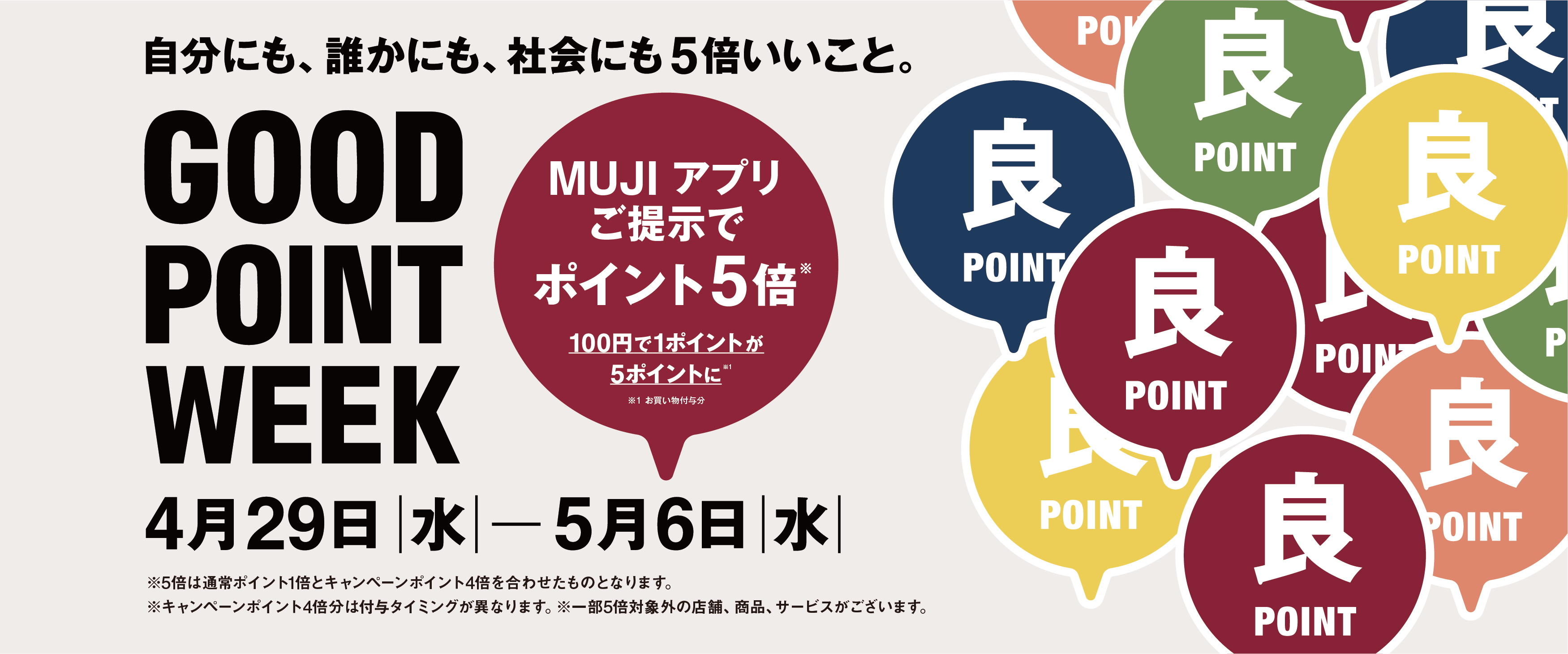 4/29～5/6　無印良品「GOOD POINT WEEK　―MUJIアプリでポイント5倍―」