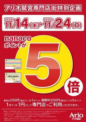 【11/14(木)~11/24(日)】アリオ鷲宮専門店街特別企画　nanacoポイント5倍