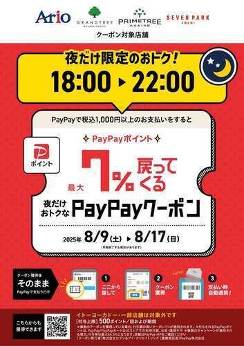 【8/9(月)~8/17(日)】アリオ、グランツリー武蔵小杉、プライムツリー赤池、セブンパーク天美で｢夜だけ限定｣7%戻ってくるお得なクーポン