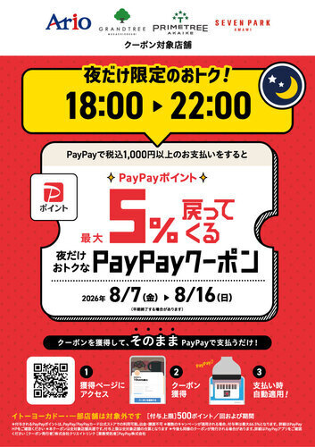 【8/7(金)~8/16(日)】アリオ、グランツリー武蔵小杉、プライムツリー赤池、セブンパーク天美で｢夜だけ限定｣5%戻ってくるお得なクーポン