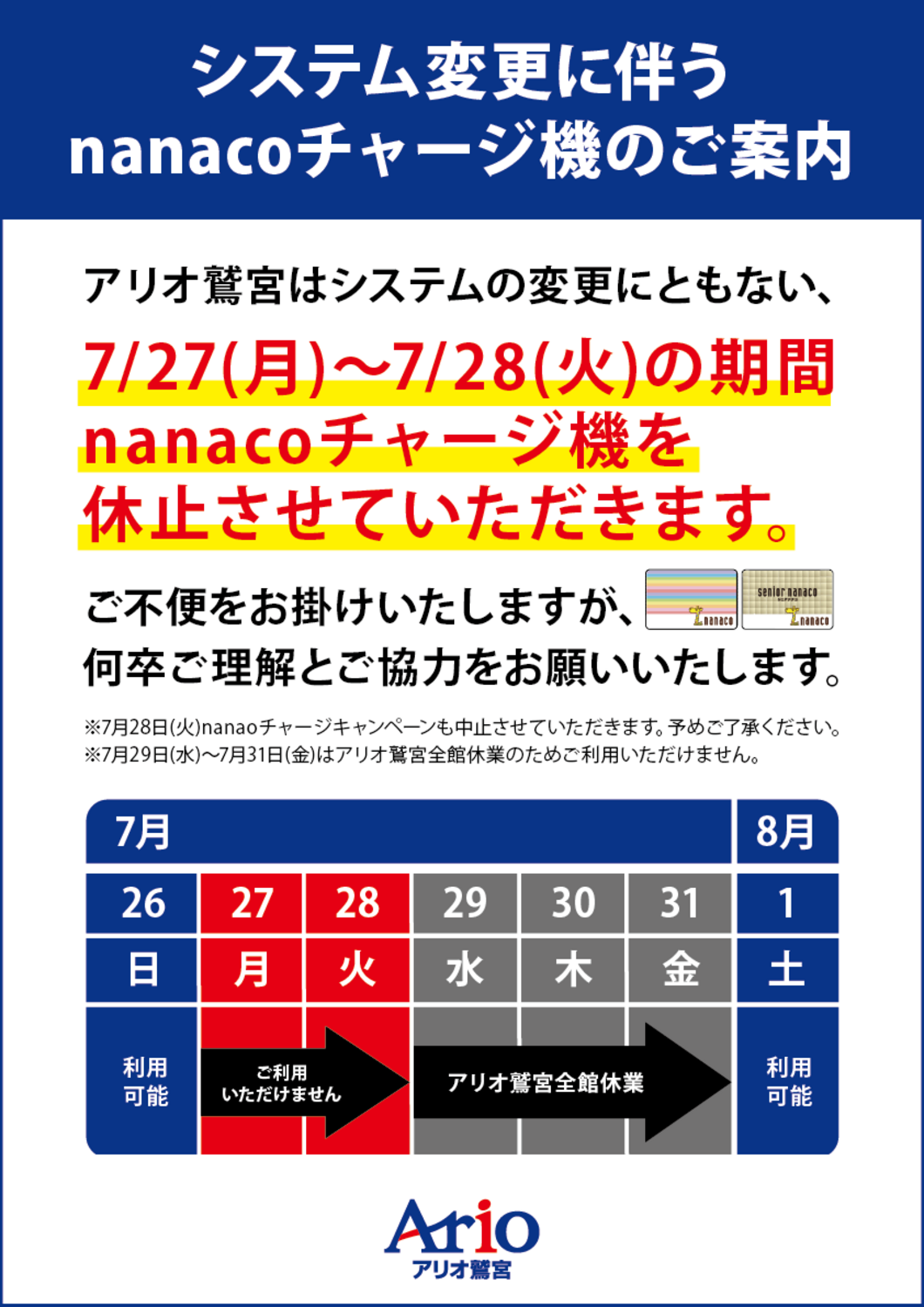 システム変更に伴うnanacoチャージ機のご案内｜ニュース一覧｜アリオ鷲宮